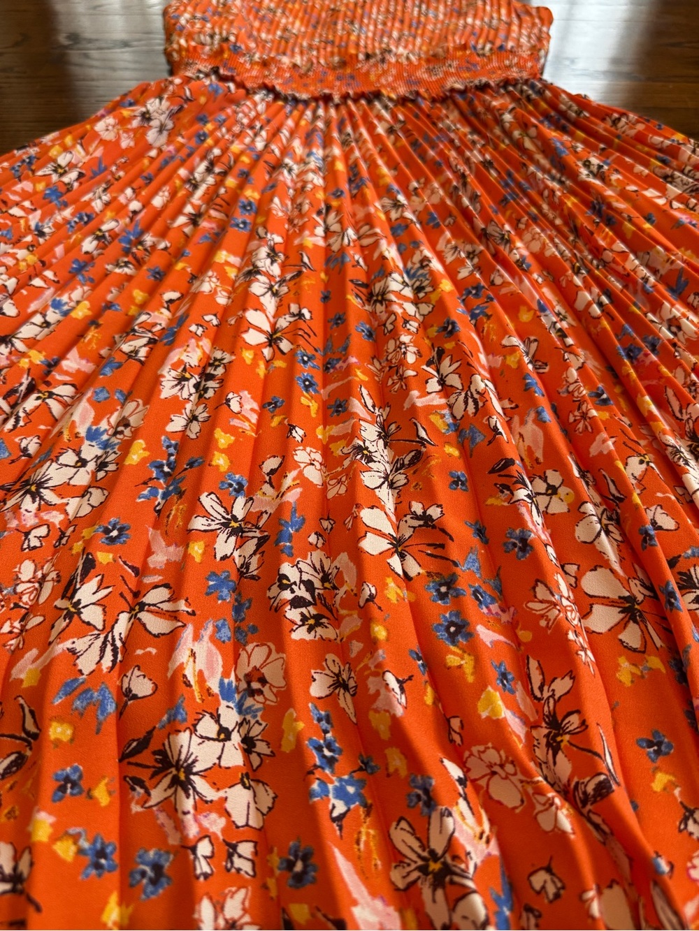 Nanette Lepore Orange Floral A-Line High Neck Pleated Smocked Lined Dress 10 - Picture 4 of 11